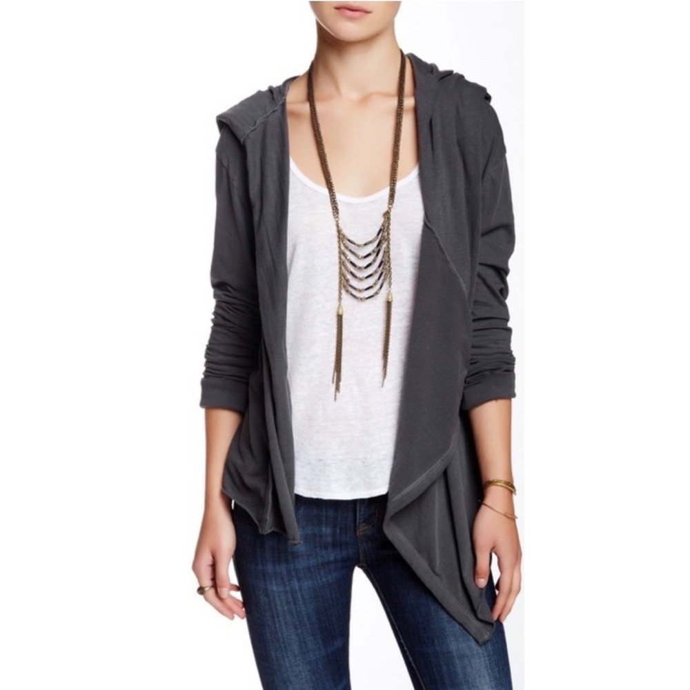 Free People We The Free Bond Cardigan Charcoal Grey Asymmetrical Wrap Hooded S